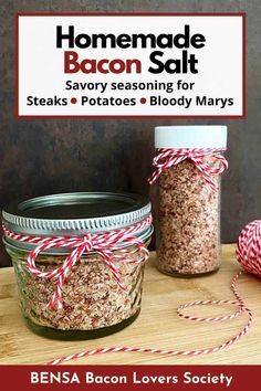 homemade bacon salt recipe in a jar with red and white twine