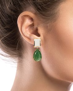 Crafted from semi-precious stones, the Elyna Earrings offer a versatile style with a removable drop, allowing for a transition to a more minimalist look. Their design seamlessly fuses vintage and art deco influences. Formal Briolette Earrings With Gemstone Accents, Modern Briolette Earrings For Formal Occasions, Modern Formal Briolette Earrings, Timeless Gemstone Earrings For Evening, Timeless Evening Earrings With Gemstone, Modern Gemstone Earrings For Weddings, Luxury Long Drop Gemstone Earrings, Modern Gemstone Wedding Earrings, Long Drop Gemstone Earrings For Formal Occasions