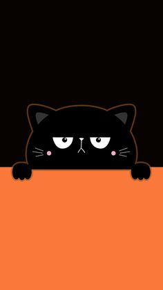 a black cat peeking out from behind an orange wall