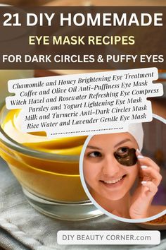 Discover 21 amazing DIY eye mask recipes to reduce dark circles and puffy eyes naturally. These homemade treatments include ingredients like chamomile, coffee, and turmeric to brighten and refresh your skin. Say goodbye to tired eyes and hello to a healthy, glowing complexion with these easy-to-follow recipes. #DIYEyeMask #DarkCirclesRemedies #PuffyEyesSolutions #NaturalSkincare #EyeCareDIY Under Eye Masks Homemade, Turmeric Under Eye Circles, Natural Remedies For Dark Eye Circles, Turmeric Eye Mask Circles, Black Circles Under Eyes Remedies, Puff Eyes Remedies, Diy Eye Mask For Dark Circles, Under Eye Mask Diy, Diy Under Eye Mask