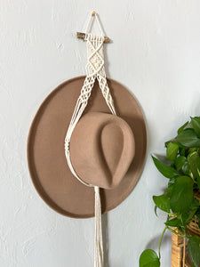 a hat hanging on the wall next to a potted plant