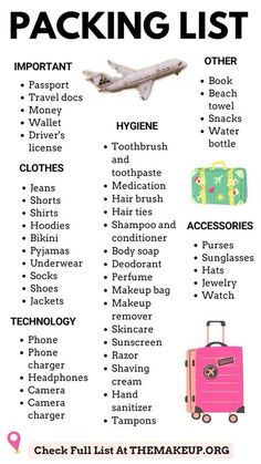 the packing list is shown with luggage and other things to pack in it, including an airplane