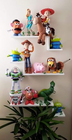 the toy story book shelf is filled with toys and figurines on top of it