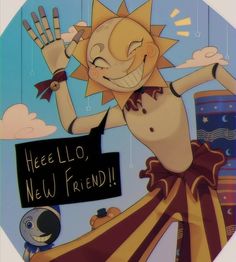 an image of a cartoon character holding a sign that says hello lo, new friend