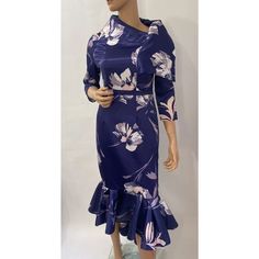 This Is A Beautiful Unbranded Dress With A Floral Pattern In Shades Of Purple. It Has A High Collar Neckline And 3/4 Bell Sleeves. The Dress Is Made Of Polyester Satin Fabric And Has A Zip Closure. It Comes In Size Small And Has A Midi Length. The Dress Has A Fit And Flare, Mermaid, Or Bodycon Style, With Asymmetric Accents And Ruffle Details. It Is Perfect For Formal Occasions Like Weddings And Parties. The Dress Is Suitable For Summer, Fall, And Spring Seasons. Asymmetrical Floral Print Fitted Midi Dress, Asymmetrical Fitted Floral Print Midi Dress, Elegant Asymmetrical Floral Print Midi Dress, Fitted Asymmetrical Midi Dress With Floral Print, Elegant Asymmetrical Midi Dress With Floral Print, Evening Floral Print Midi Dress With Asymmetrical Hem, Fitted Midi Dress With Floral Print And Asymmetrical Neckline, Stylewe Dresses, Bodycon Style