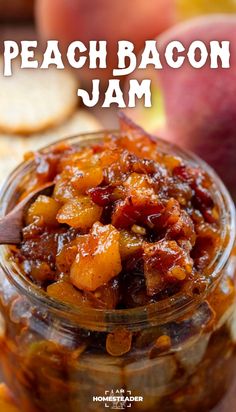 peach bacon jam in a glass jar with spoon