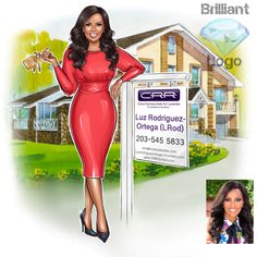 a woman in a red dress standing next to a real estate sign