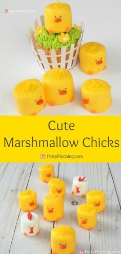 yellow marshmallow chicks are sitting in front of a basket