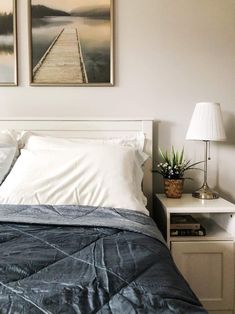 Transform A Spare Room Into A Guest Room On A Budget - bed with a navy comforter Guest Bedroom On A Budget, Hemnes Bed, Bedroom On A Budget, Room On A Budget, Ikea Hemnes, Simple Room, Spare Bedroom, New Beds, Spare Room