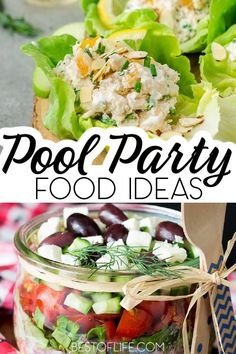 this is an image of a salad in a jar with the words pool party food ideas