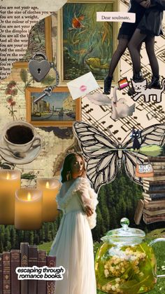 a collage of images with books, candles and pictures