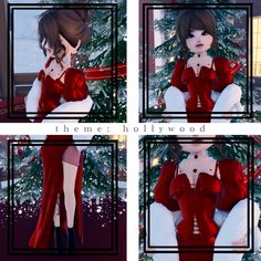 four different pictures of a woman in a red dress sitting on a chair next to a christmas tree