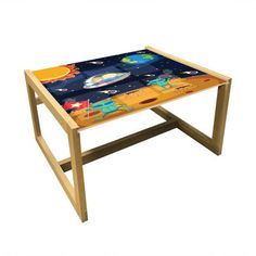 a small wooden table with an outer space theme on the top and bottom surface, in front of a white background