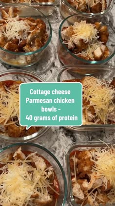 four glass dishes filled with different types of food and the words cottage cheese parmesan chicken bowls - 40 grams of protein