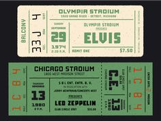 two tickets for the chicago stadium, one is green and the other is white with orange lettering