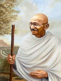 a painting of an old man with glasses holding a stick and wearing a white robe