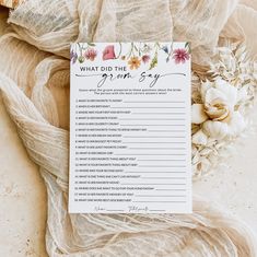 This Wildflower What Did The Groom Say Game makes for a fun bridal shower game! ✔️Easily Editable ✔️Affordable ✔️Instant Access. This is a digital template that you can fully edit in your browser on Templett.com for free. You can print at home or professionally, or send digitally via text or email! 《 WHAT YOU WILL RECEIVE 》 ✔️ Editable What Did The Groom Say Game Template - 5x7" MATCHING ITEMS: https://etsy.me/3yLwfwX 《 HOW IT WORKS 》 1. Purchase your digital template and download the instructio What Did The Groom Say Game, Wildflower Bridal Shower, Bingo Template, Fun Bridal Shower Games, To Be Wanted, Wildflower Baby Shower, Game Template, Wedding Shower Games, Fun Baby Shower Games