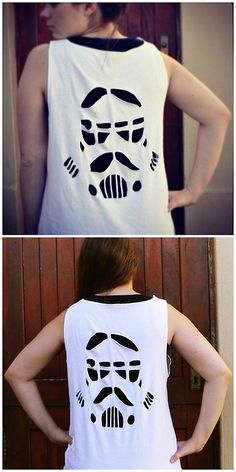 two different pictures of a woman wearing a tank top with a star wars face on it