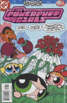 the powerpuff girls comic book cover with cartoon characters and flowers in front of them