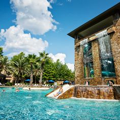 people are playing in the water at an outdoor swimming pool with waterfall and slides, surrounded by palm trees