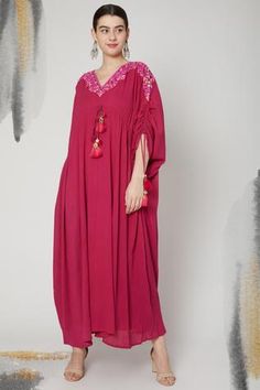 Shop for Nadima Saqib Maroon Viscose Cotton Embroidered Kaftan for Women Online at Aza Fashions Kaftan For Women, Embroidered Kaftan, Gathered Sleeves, Aza Fashion, Three Quarter, Bridesmaid Dresses, Long Sleeve Dress, Maxi Dress, Sleeve Length