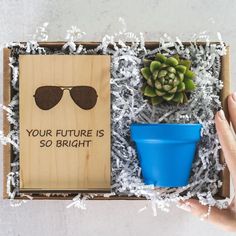 a wooden box with sunglasses and a blue cup