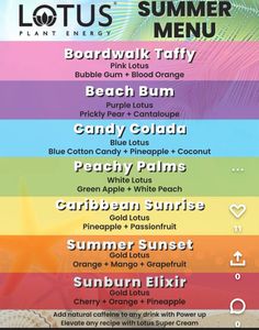 the menu for lotus's summer menu is shown in different colors and font styles