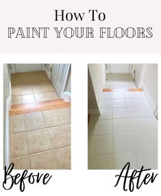 brown 'before' tiles, and 'after' white tiles, done with floor paint Paint Floor Tile, Whitewashed Floorboards, Painted Tile Floor, Painting Floors, Paint Tile, Entry Tile, New Floors, Floor Painting, Painting Tile Floors