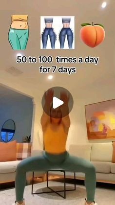 a woman doing yoga poses in front of a living room with fruit on the wall