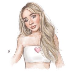 a drawing of a woman with long blonde hair wearing a white top and pink heart on her chest