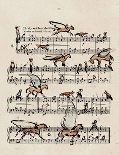 an old sheet music with birds and horses on it's sides, all in different positions