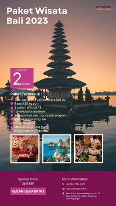 the flyer for an event in bali, with photos and captions on it's side