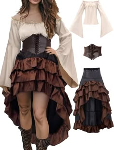 PRICES MAY VARY. Womens Pirate Costume Set. This 3-piece pirate women outfit features a versatile long sleeve pirate shirt/ blouse that can be worn off-shoulder or as a boat neck for flexible styling, along with a high-low pirate skirt and pirate waist corset for a striking pirate look. Simple yet classic pirate outfit for women, giving you the perfect blend of elegance and adventure for any pirate-themed event or party Renaissance Pirate Costume Women with Comfortable and Flattering Fit . The flowy high-low skirt and waist corset create a flattering silhouette, while the loose-fit pirate shirt blouse with bell-bottom sleeves adds comfort and drama to the look. Comfortable fit for all body types Ladies Pirate Halloween Costume .Crafted from soft, breathable polyester fabrics, this victoria Pirate Outfit Halloween, Pirate Princess Costume, Halloween Costumes Amazon, Womens Pirate Costume, Pirate Costume Women, Pirate Look, Pirate Corset, Pirate Fancy Dress, Medieval Pirate