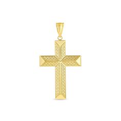 "14k solid gold double sided cross pendant. measures approx 1 3/4\" by 1\". high polish finish." Yellow Gold Polished Cross Necklace Pendant, 14k Gold Diamond Cut Cross Necklace, Formal Polished Cross Pendant Necklace, Yellow Gold Cross Necklace With Large Pendant, Yellow Gold Diamond Cut Cross Pendant Necklace, Gold Cross Jewelry With Large Pendant, Diamond Cut Yellow Gold Cross Pendant, Yellow Gold Diamond-cut Cross Pendant, Yellow Gold Diamond Cut Cross Pendant