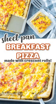 an easy breakfast pizza made with crescent rolls and cheese is ready to be eaten in the oven