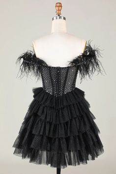 A-Line Black Sparkly Beaded Corset Short Homecoming Dress With Feathers Black Short Homecoming Dress, Black Lace Formal Dress, Black Lace Evening Dress, Feather Prom Dress, Beaded Corset, Dress With Feathers, Tiered Prom Dress, Red Lace Prom Dress, Burgundy Homecoming Dresses