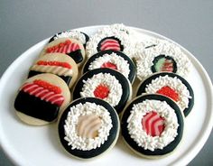 Sushi Cookies, Candy Sushi, Japanese Cookies, Cookie Recipes Decorating, Sushi Cake, Asian Party, My 30th Birthday, Sushi Party, Fancy Cookies