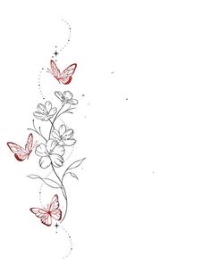 three red butterflies flying over a plant with white flowers and stars in the sky behind it