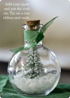 a glass bottle filled with snow sitting on top of a table