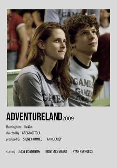 an advertisement for the movie adventureland 2009 with two people sitting on a tennis court