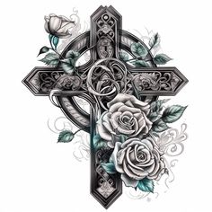 an ornate cross with roses and leaves on the side, is shown in black and white