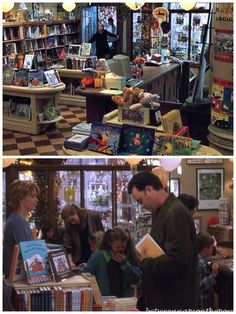 two pictures of people in a bookstore with books on the shelves and children looking at them