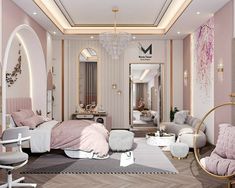 a bedroom decorated in pastel pink and white with gold accents, chandelier, bed, chairs, rugs