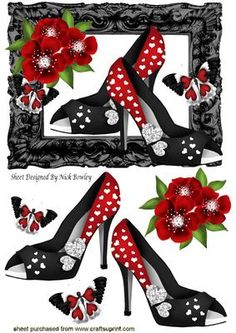 a pair of high heel shoes with red flowers and butterflies on them, sitting next to each other