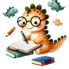 a cartoon dinosaur with glasses is writing on a book