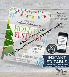 the holiday festival flyer is displayed on a wooden table with an iphone and other items