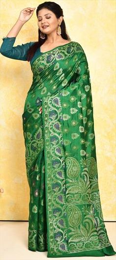 Green color Saree in Silk fabric with Weaving, Zari work Green Saree With Motifs For Reception, Green Traditional Wear With Motifs For Reception, Green Wedding Dupatta With Motifs, Wedding Green Dupatta With Motifs, Green Self Design Traditional Wear For Reception, Green Traditional Wear For Reception With Self Design, Green Self-design Traditional Wear For Reception, Green Saree With Self Design For Reception, Celebration Green Saree With Motifs