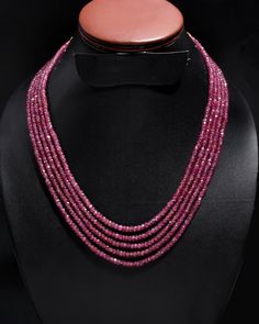 Name: Ruby Shape: Rondelle  Cut: Faceted Size: 3.5-4.5 MM (IN GRADUATION) Length: 16-18 Inch Quantity: 5 Strands (1 Necklace) Elegant Red Rondelle Beads, Ruby Color, Necklace Set Indian, Beaded Jewelry Necklaces, Pinkish Red, Wedding Jewellery Necklace, Red Ruby, Natural Ruby, Beads Necklace