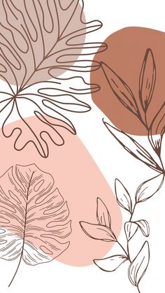 an illustration of leaves and plants on a white background with brown, pink, and orange colors