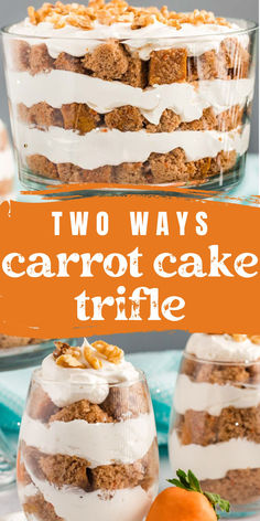 a bowl of carrot cake trifle and two Easter Carrot Desserts, Cute Easter Desserts Easy, Low Sugar Easter Desserts, Easter Trifle Dessert Recipes, Carrot Cake Shooters, Spring Trifle Desserts, Easter Trifle, Carrot Cake Trifle, Carrot Cake Desserts